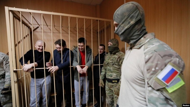 Some of the 24 Ukrainian sailors who were captured by Russia last November appearing in Lefortovo court, Moscow, Russia on January 15, 2019.