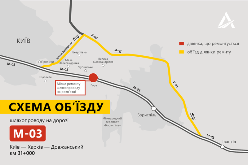 З понеділка, 14 вересня, закриють рух по шляхопроводу на трасі Київ-Бориспіль (схема)